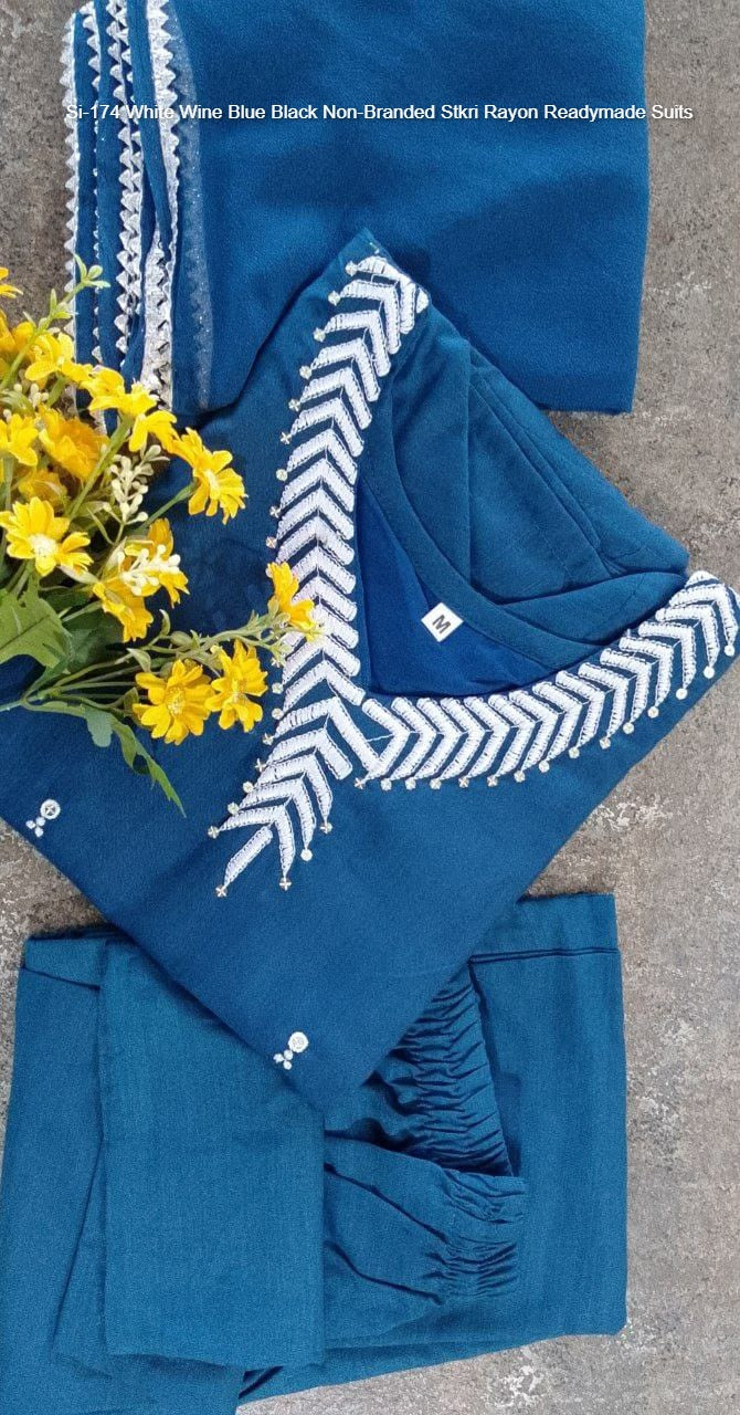 Si-174 White Wine Blue Black Non-Branded Stkri Rayon Readymade Suits