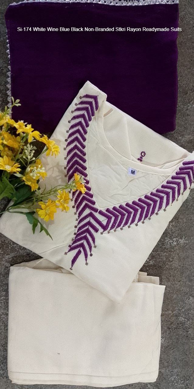 Si-174 White Wine Blue Black Non-Branded Stkri Rayon Readymade Suits
