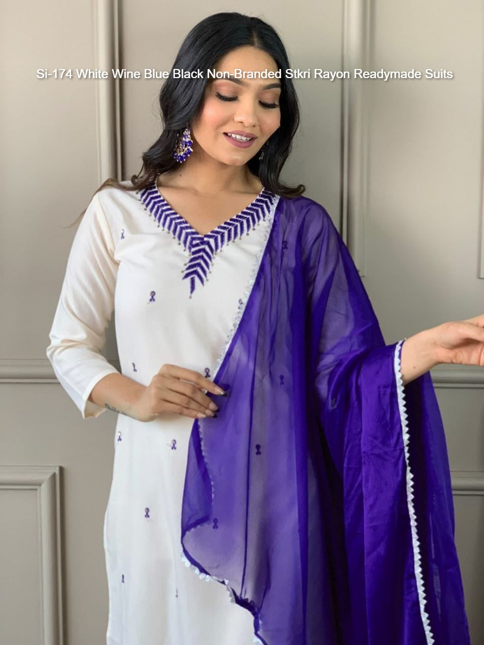 Si-174 White Wine Blue Black Non-Branded Stkri Rayon Readymade Suits