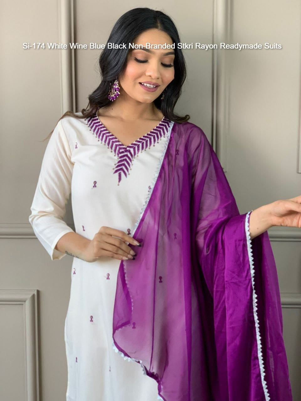 Si-174 White Wine Blue Black Non-Branded Stkri Rayon Readymade Suits