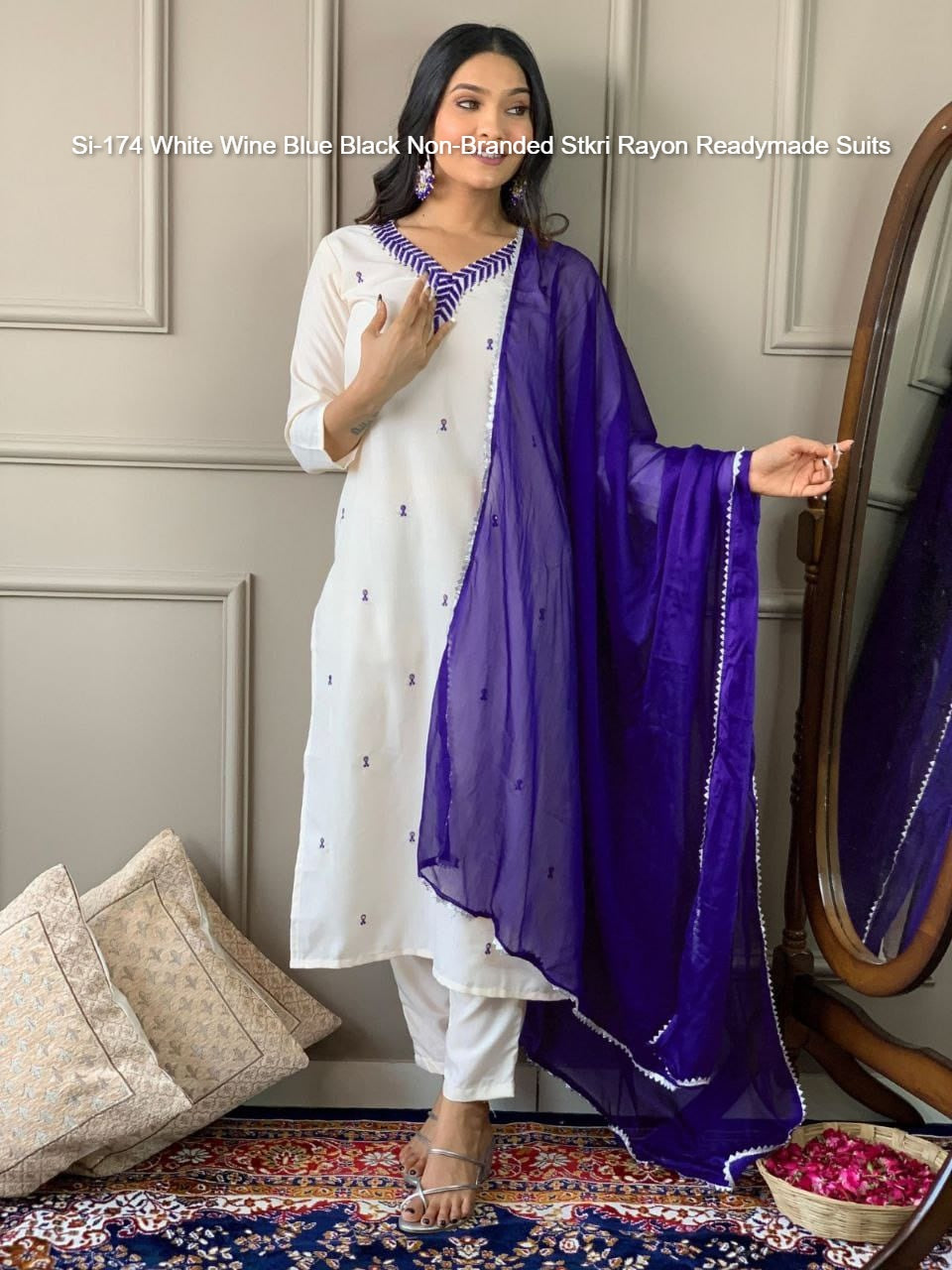 Si-174 White Wine Blue Black Non-Branded Stkri Rayon Readymade Suits