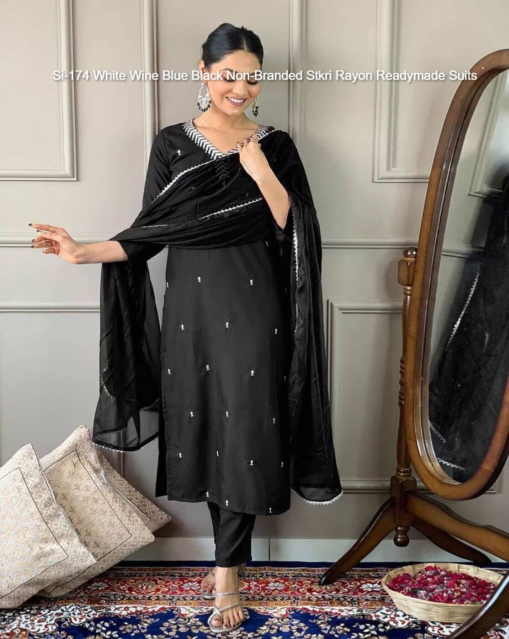 Si-174 White Wine Blue Black Non-Branded Stkri Rayon Readymade Suits