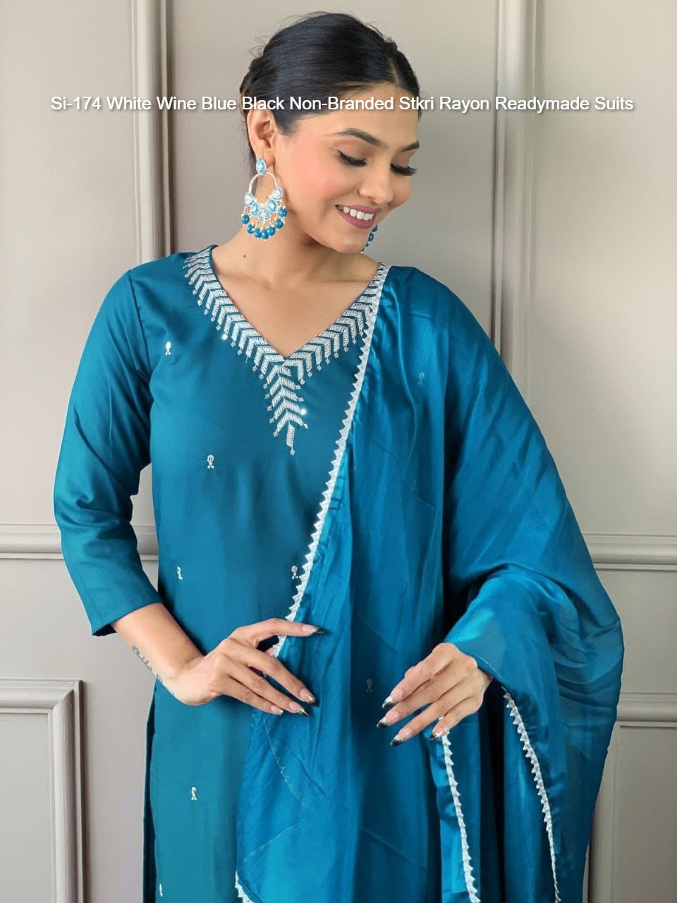 Si-174 White Wine Blue Black Non-Branded Stkri Rayon Readymade Suits