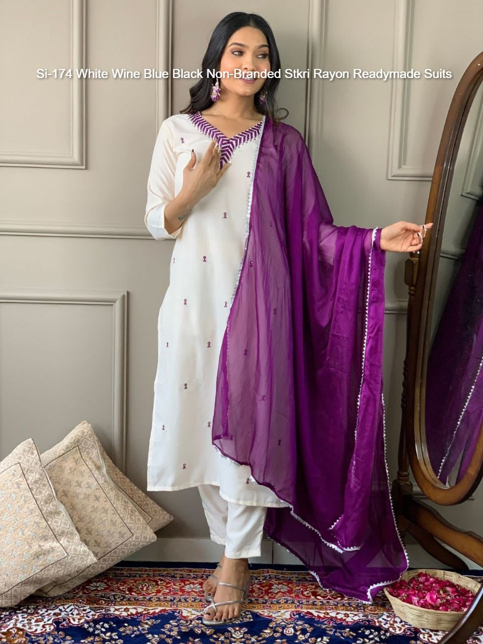 Si-174 White Wine Blue Black Non-Branded Stkri Rayon Readymade Suits