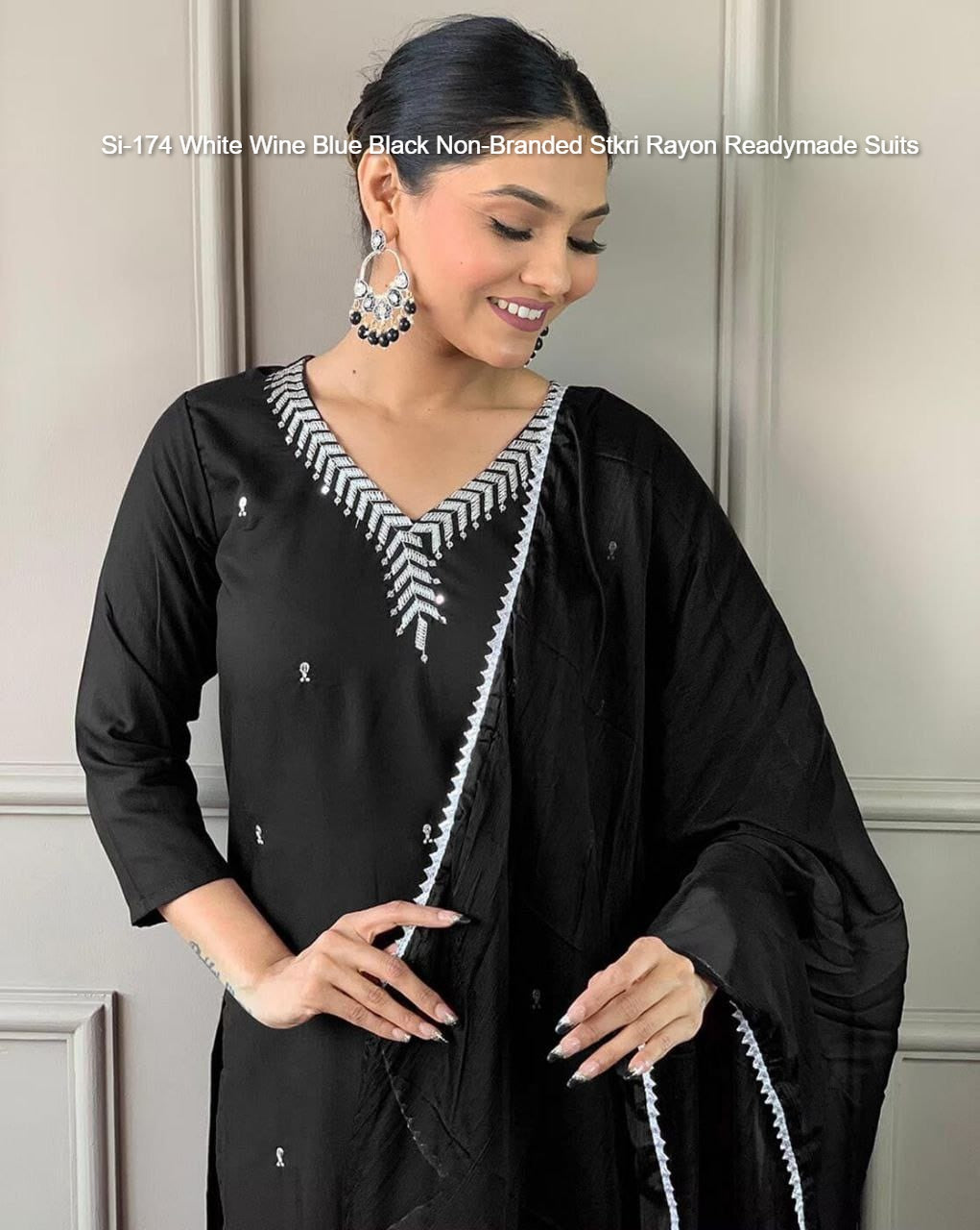 Si-174 White Wine Blue Black Non-Branded Stkri Rayon Readymade Suits