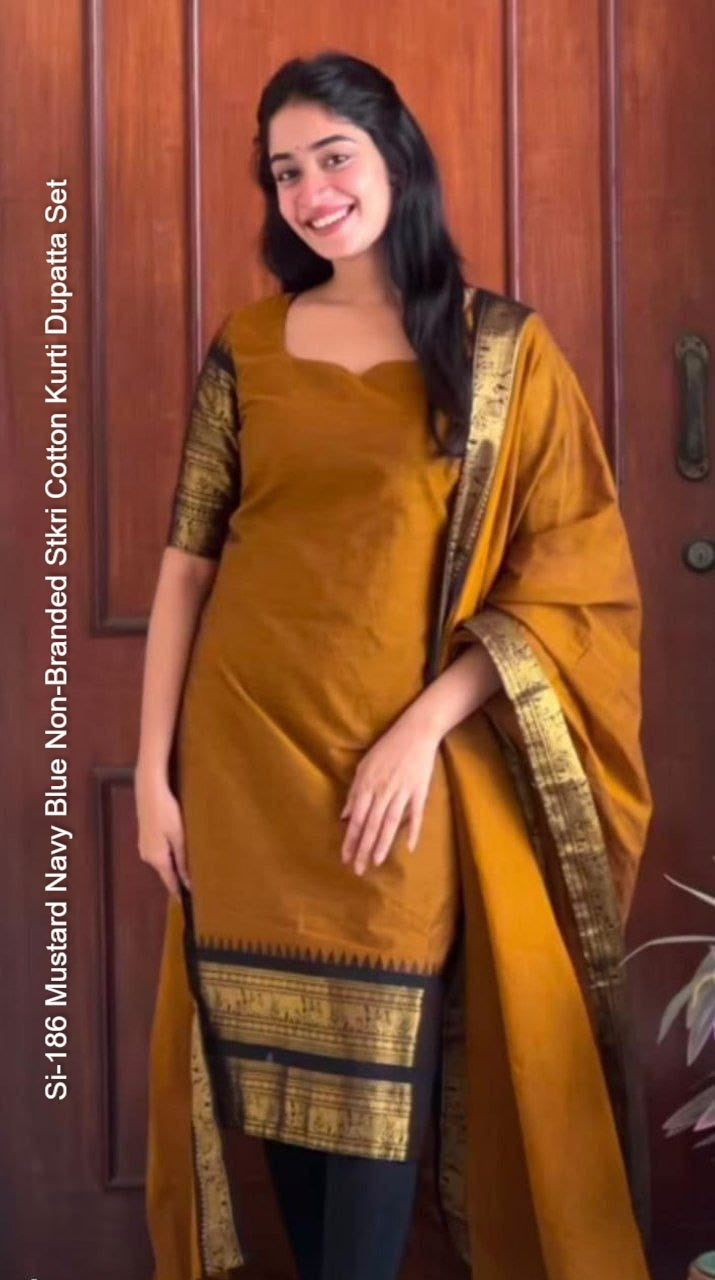 Si-186 Mustard Navy Blue Non-Branded Stkri Cotton Kurti Dupatta Set