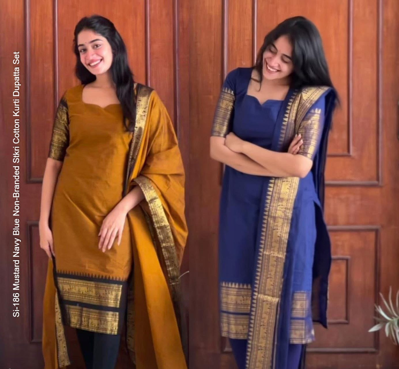 Si-186 Mustard Navy Blue Non-Branded Stkri Cotton Kurti Dupatta Set
