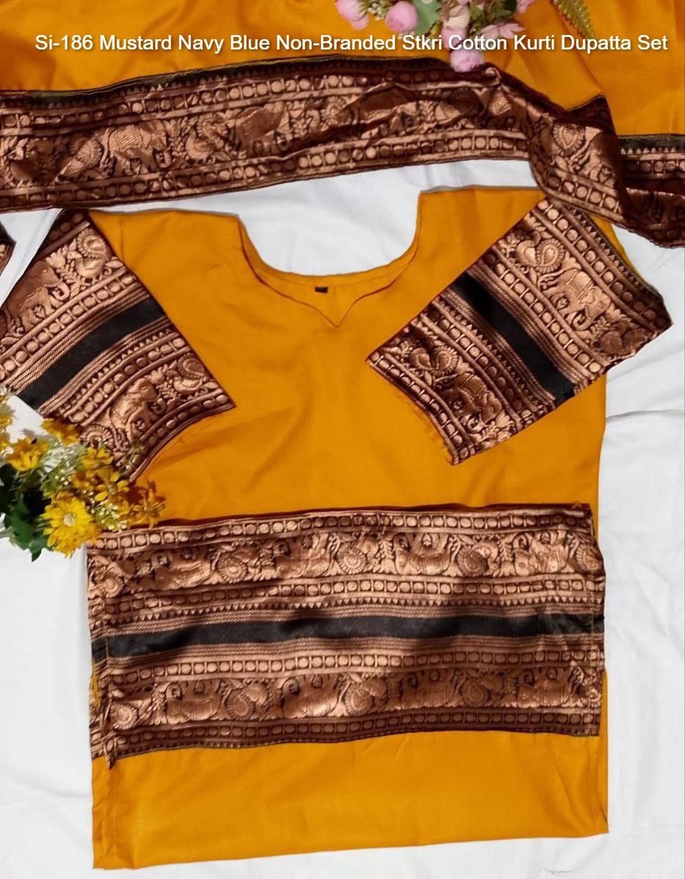 Si-186 Mustard Navy Blue Non-Branded Stkri Cotton Kurti Dupatta Set