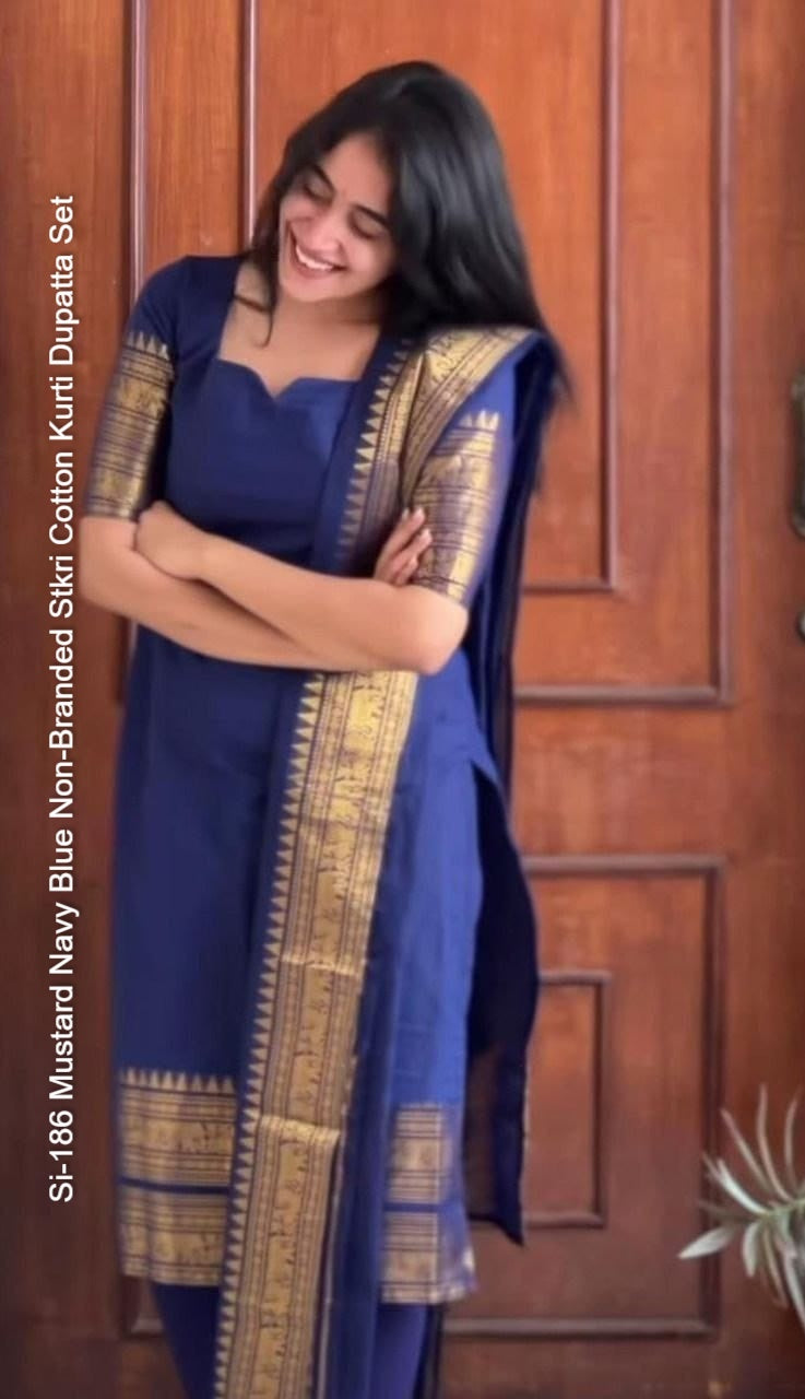 Si-186 Mustard Navy Blue Non-Branded Stkri Cotton Kurti Dupatta Set