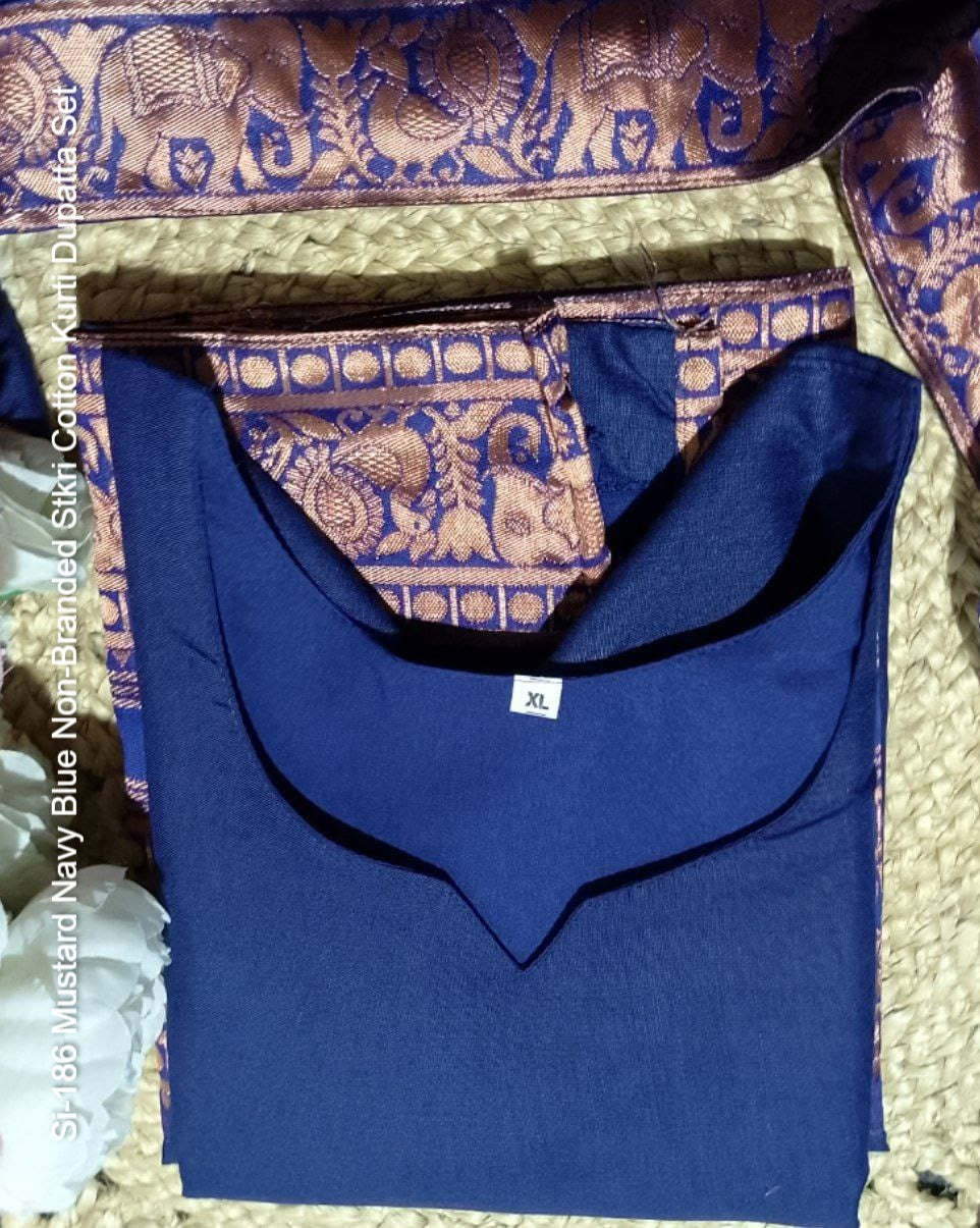 Si-186 Mustard Navy Blue Non-Branded Stkri Cotton Kurti Dupatta Set