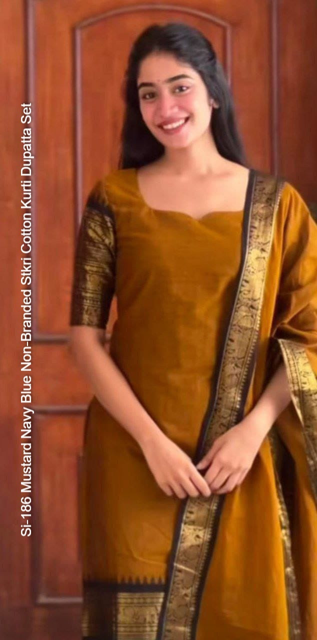 Si-186 Mustard Navy Blue Non-Branded Stkri Cotton Kurti Dupatta Set