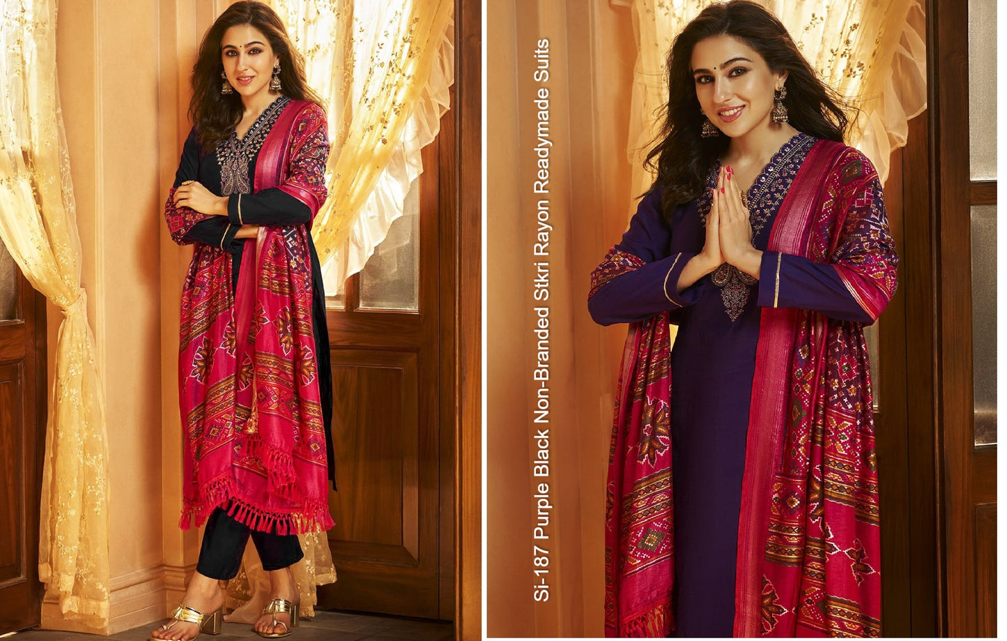 Si-187 Purple Black Non-Branded Stkri Rayon Readymade Suits