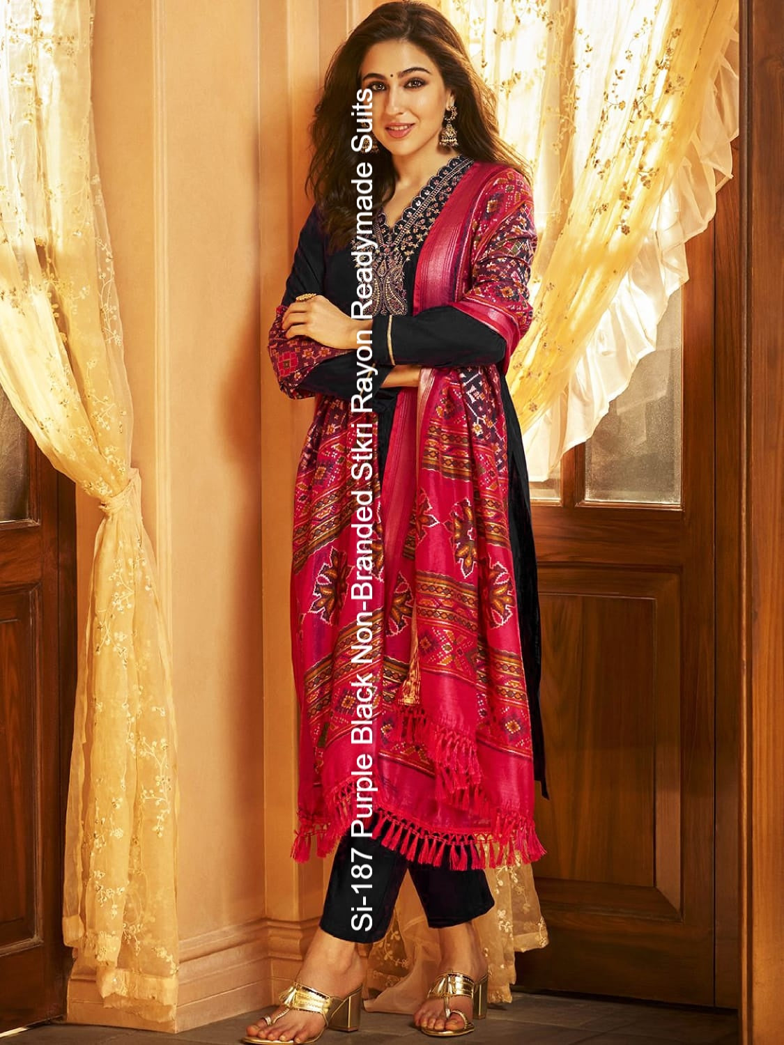 Si-187 Purple Black Non-Branded Stkri Rayon Readymade Suits