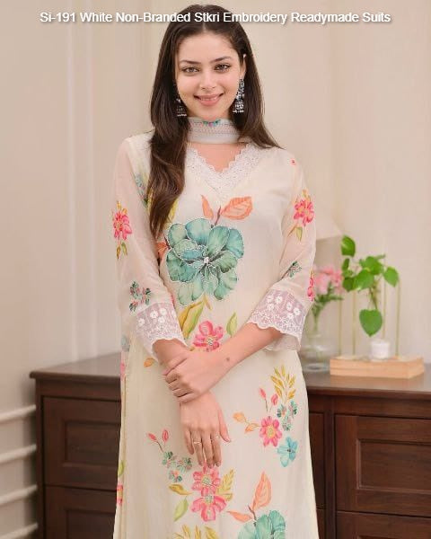 Si-191 White Non-Branded Stkri Embroidery Readymade Suits