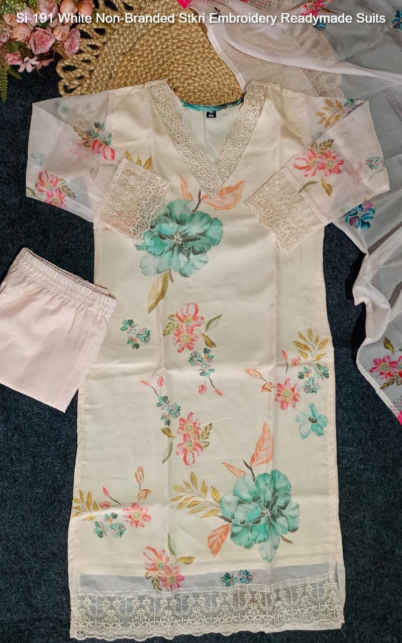 Si-191 White Non-Branded Stkri Embroidery Readymade Suits
