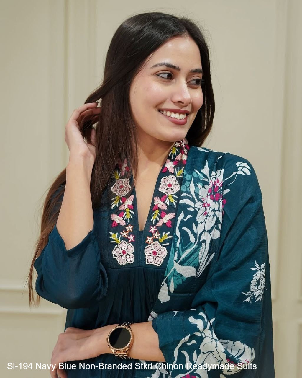 Si-194 Navy Blue Non-Branded Stkri Chinon Readymade Suits