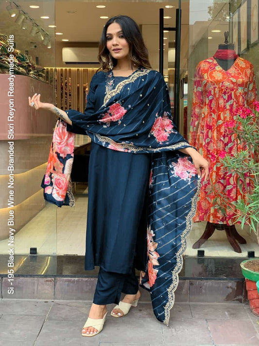Si -195 Black Navy Blue Wine Non-Branded Stkri Reyon Readymade Suits