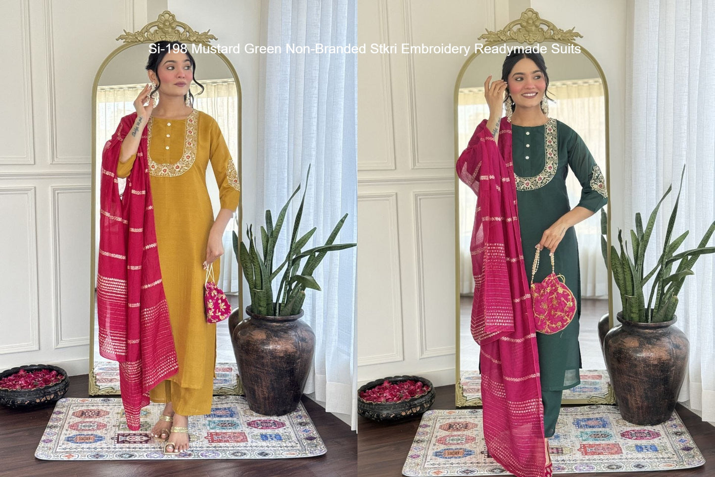 Si-198 Mustard Green Non-Branded Stkri Embroidery Readymade Suits