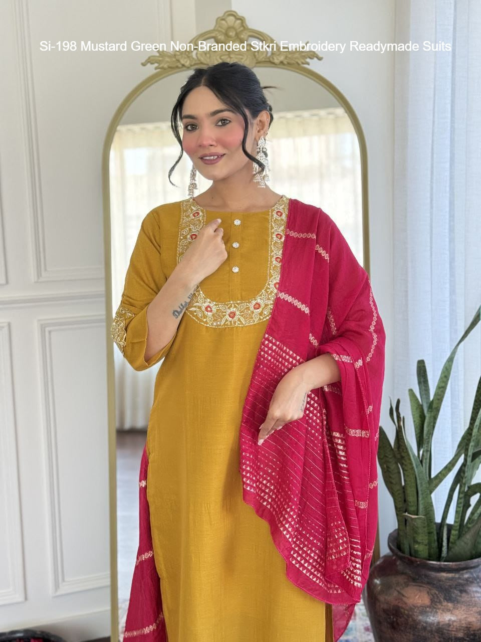 Si-198 Mustard Green Non-Branded Stkri Embroidery Readymade Suits