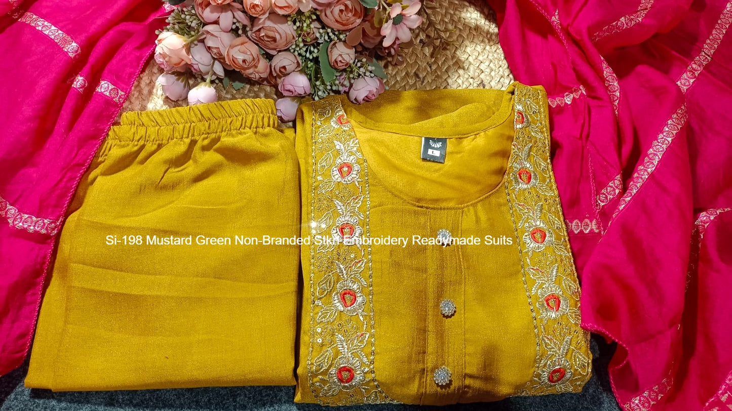 Si-198 Mustard Green Non-Branded Stkri Embroidery Readymade Suits