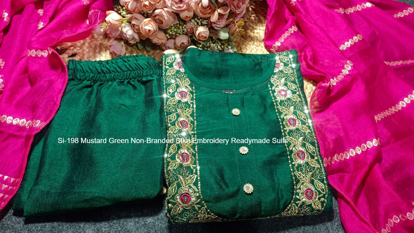 Si-198 Mustard Green Non-Branded Stkri Embroidery Readymade Suits