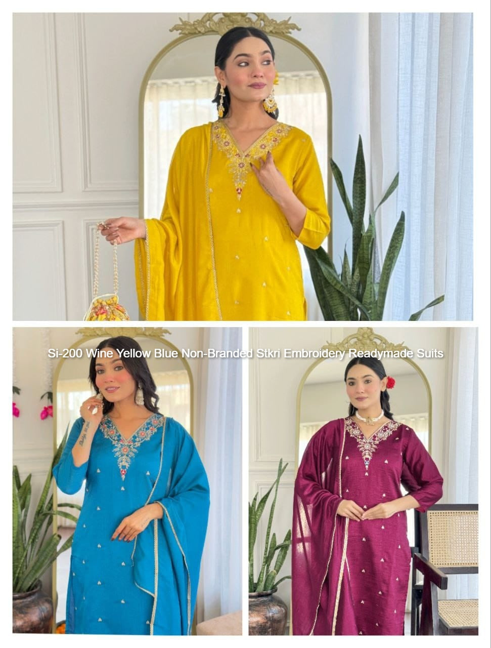 Si-200 Wine Yellow Blue Non-Branded Stkri Embroidery Readymade Suits