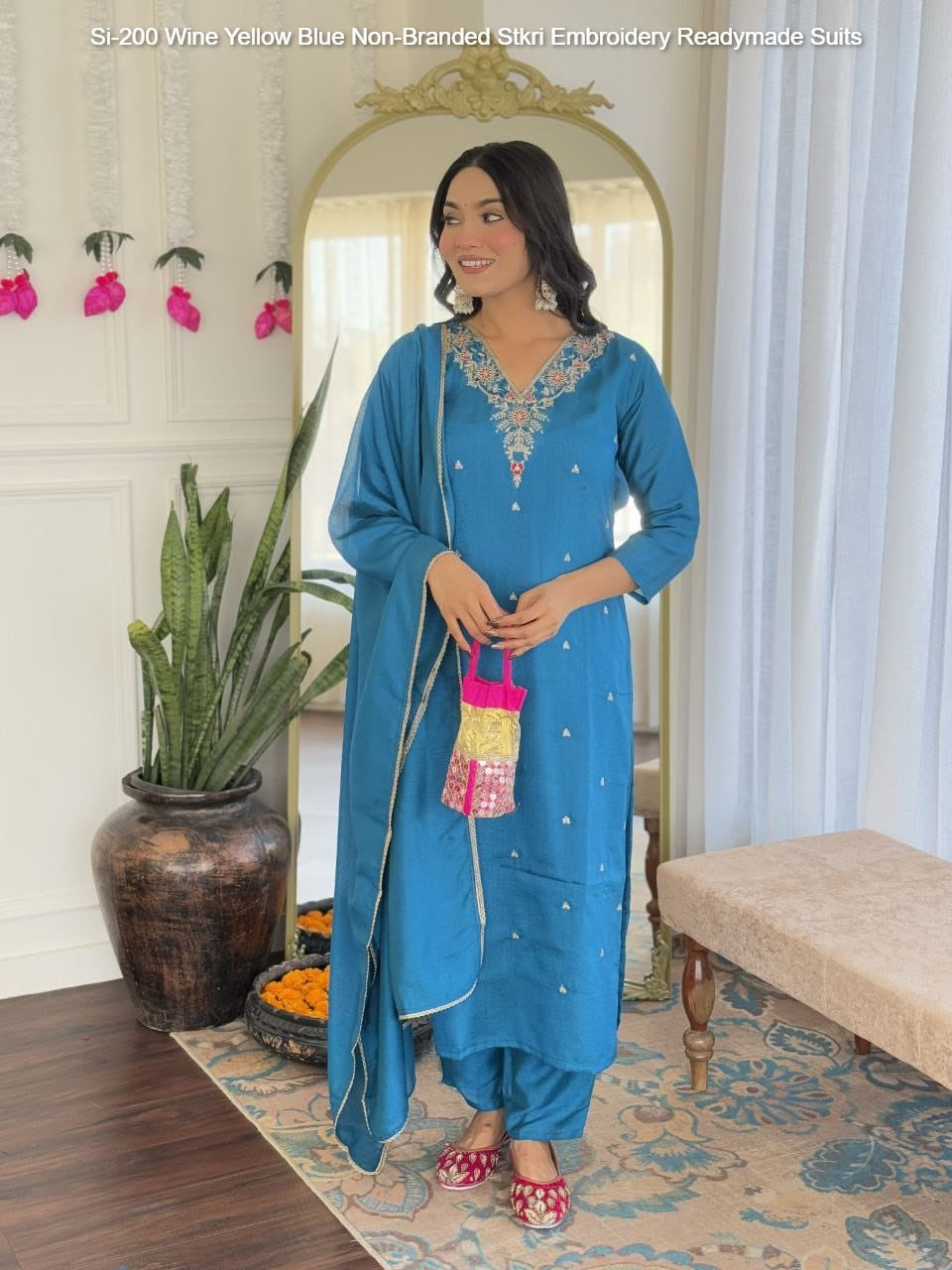 Si-200 Wine Yellow Blue Non-Branded Stkri Embroidery Readymade Suits