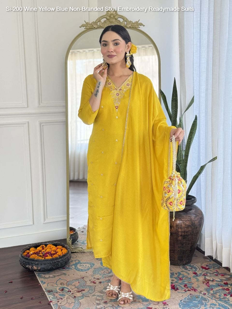 Si-200 Wine Yellow Blue Non-Branded Stkri Embroidery Readymade Suits