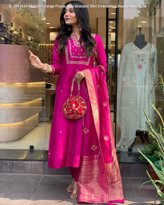 Si-204 Rani Maroon Orange Purple Non-Branded Stkri Embroidery Readymade Suits