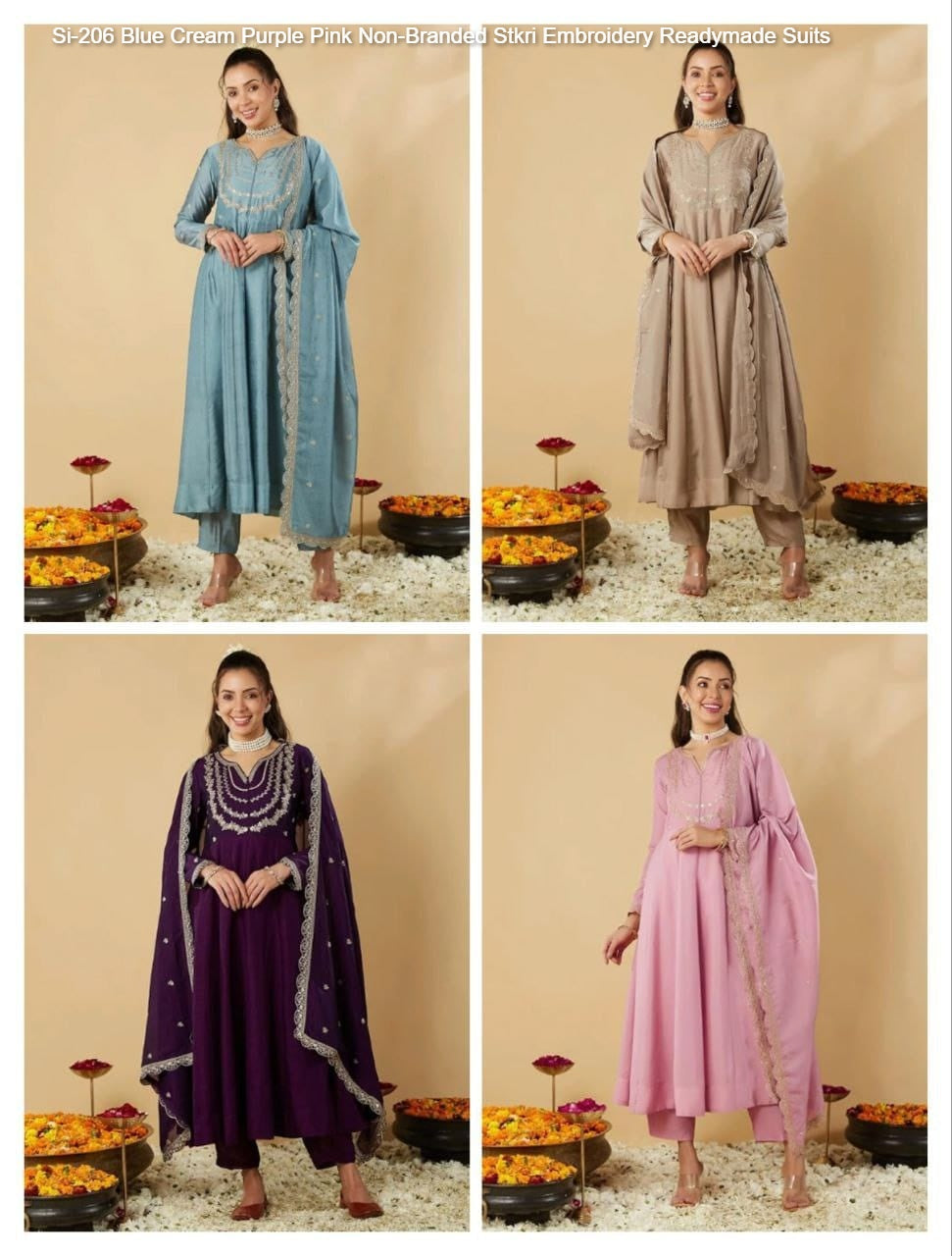 Si-206 Blue Cream Purple Pink Non-Branded Stkri Embroidery Readymade Suits