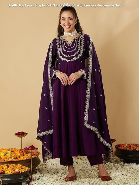 Si-206 Blue Cream Purple Pink Non-Branded Stkri Embroidery Readymade Suits