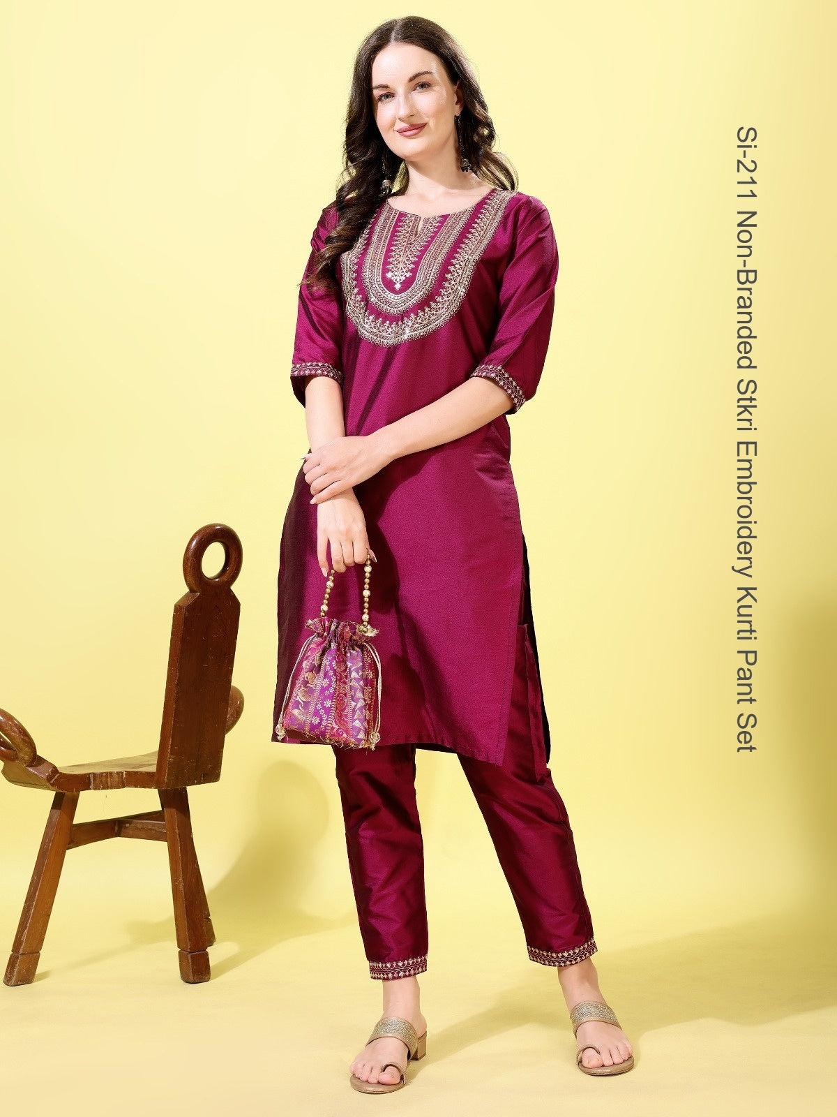 Si-211 Non-Branded Stkri Embroidery Kurti Pant Set