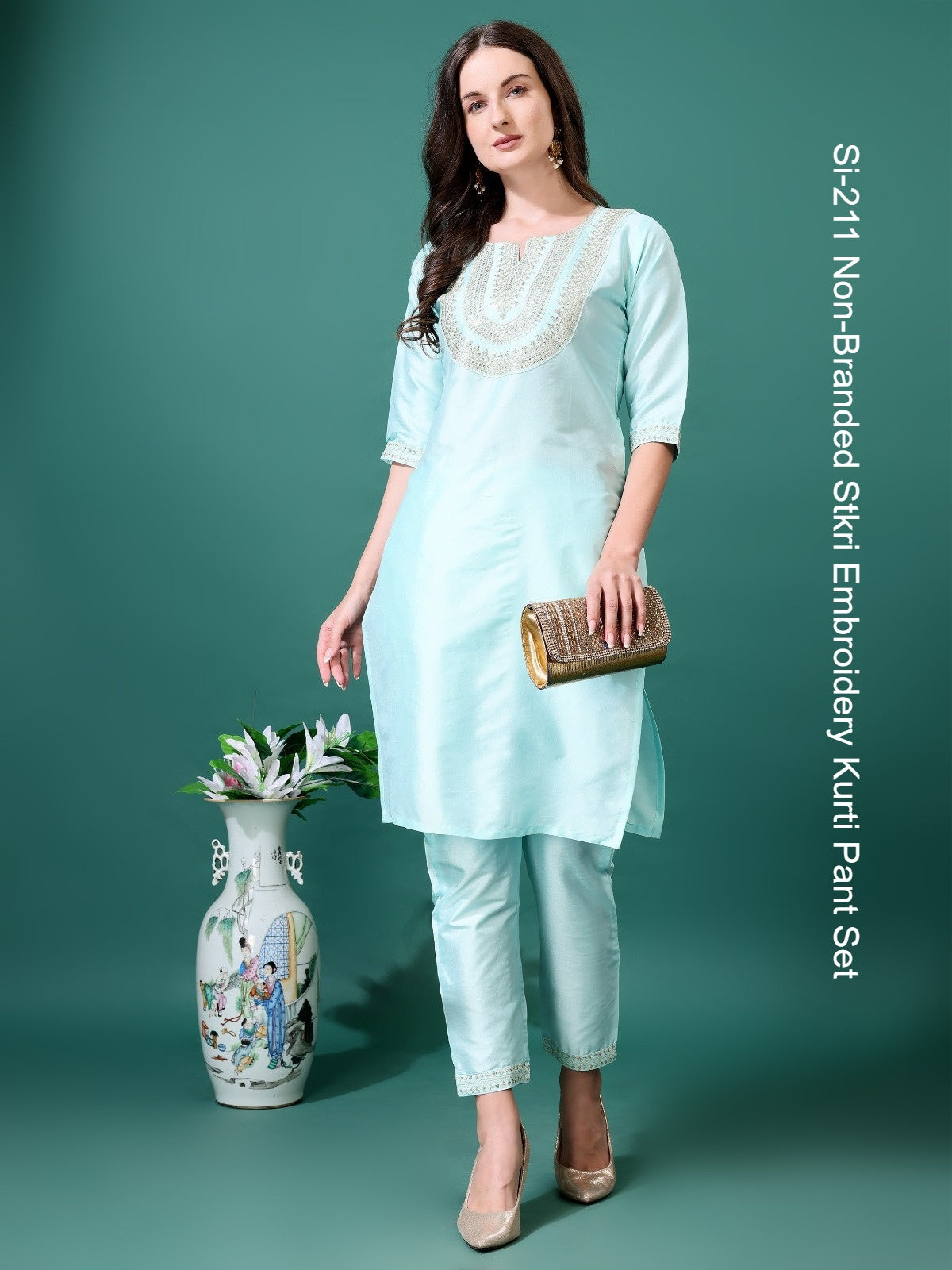 Si-211 Non-Branded Stkri Embroidery Kurti Pant Set