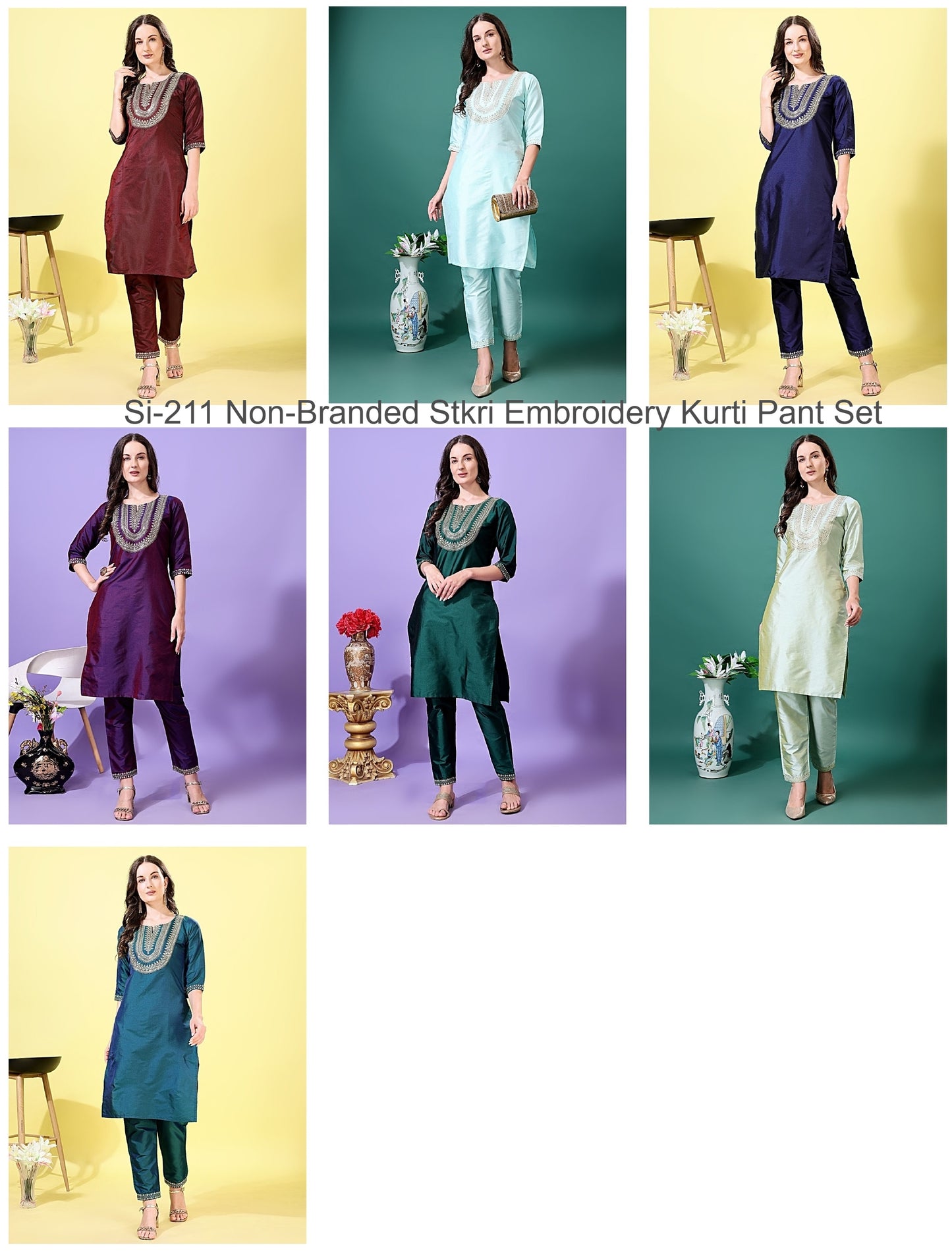 Si-211 Non-Branded Stkri Embroidery Kurti Pant Set
