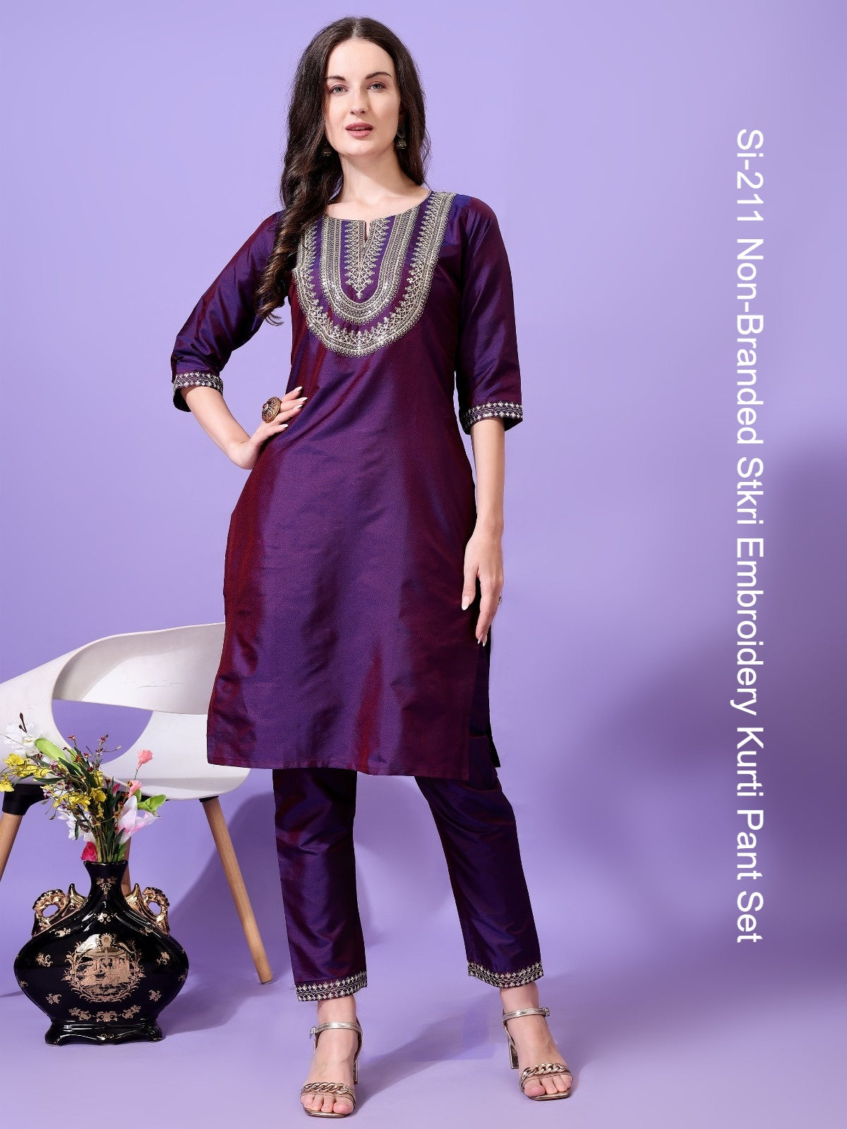 Si-211 Non-Branded Stkri Embroidery Kurti Pant Set