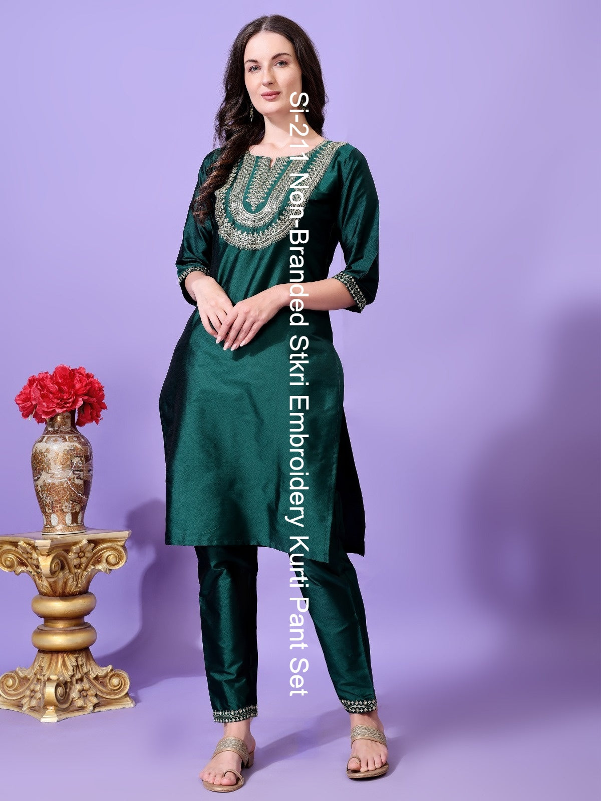 Si-211 Non-Branded Stkri Embroidery Kurti Pant Set