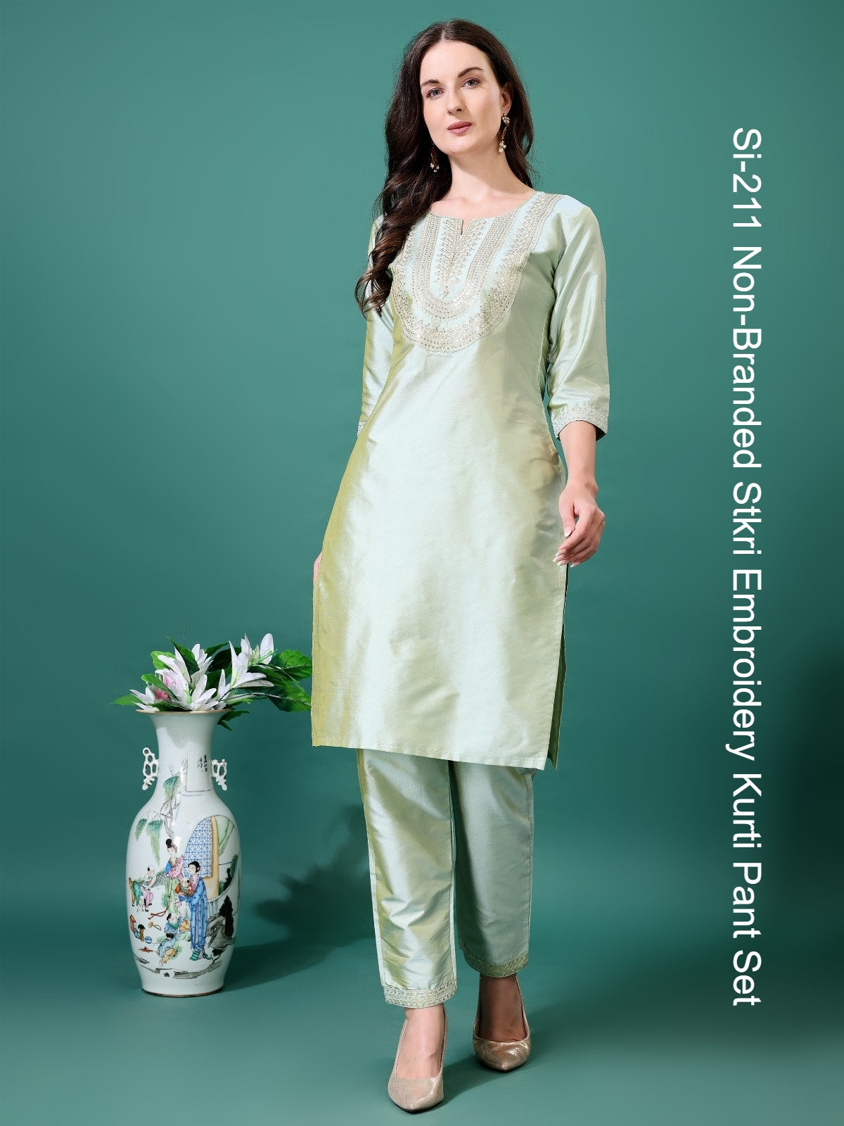 Si-211 Non-Branded Stkri Embroidery Kurti Pant Set