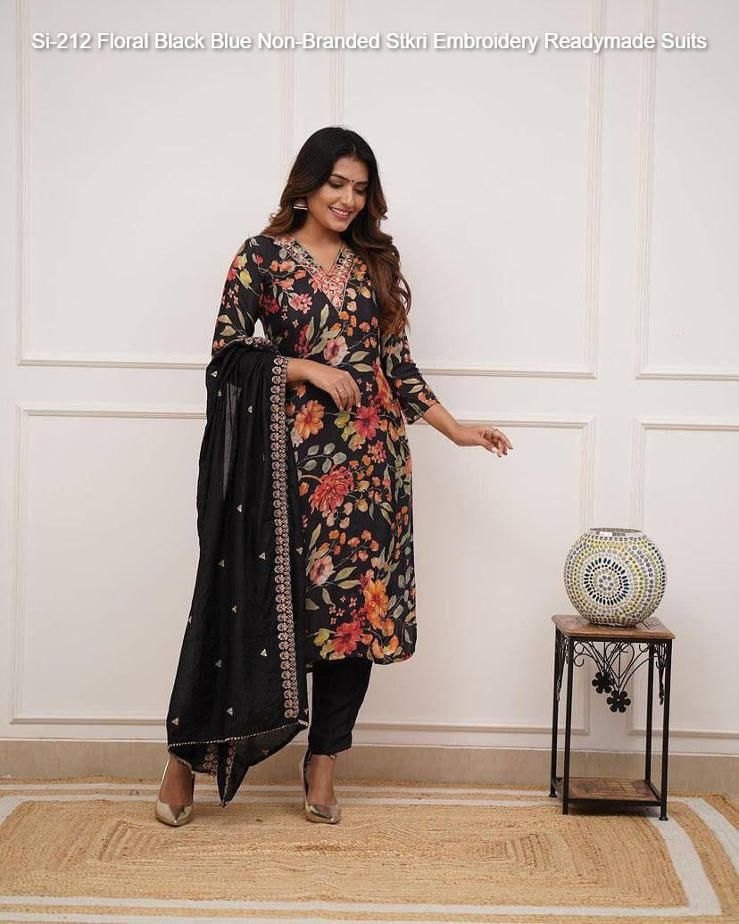 Si-212 Floral Black Blue Non-Branded Stkri Embroidery Readymade Suits