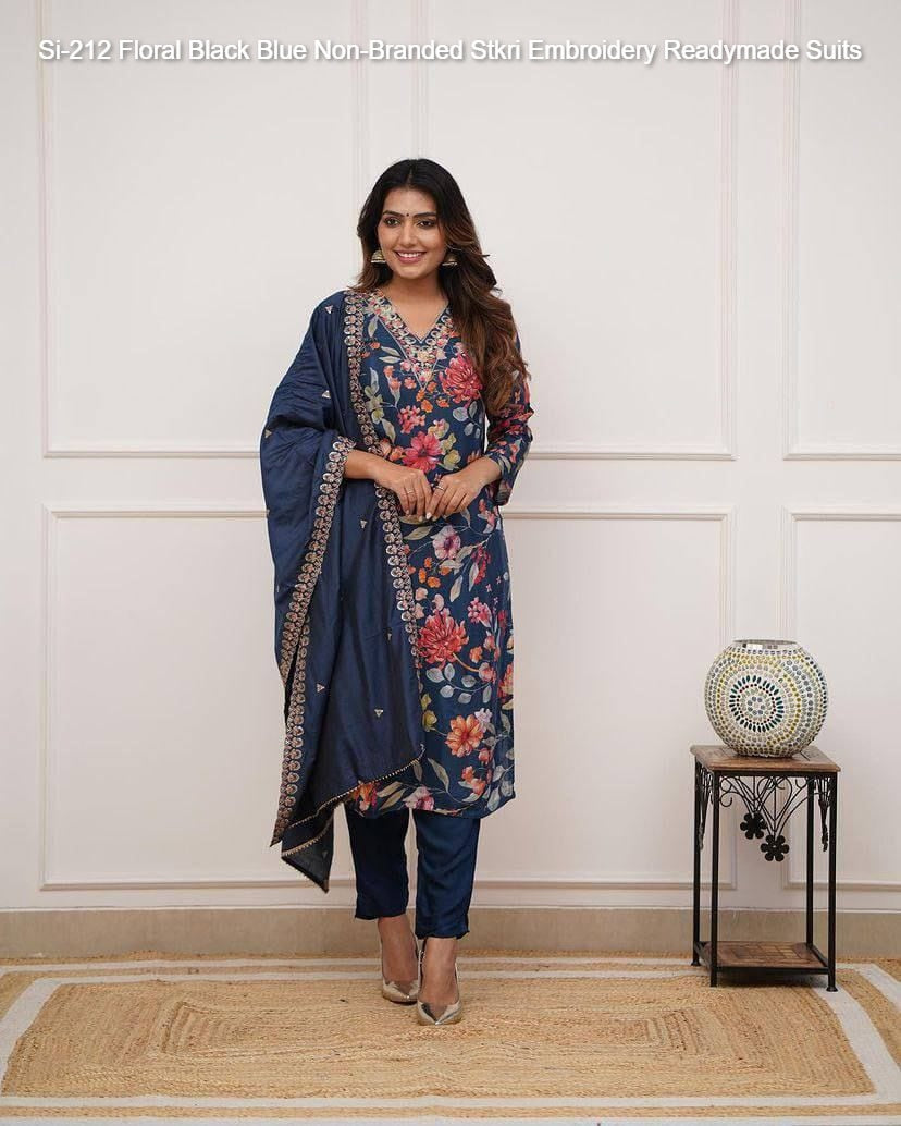 Si-212 Floral Black Blue Non-Branded Stkri Embroidery Readymade Suits