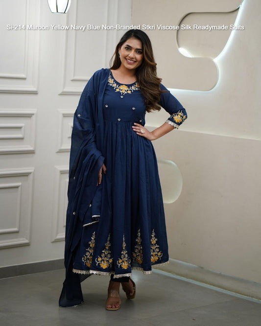 Si-214 Maroon Yellow Navy Blue Non-Branded Stkri Viscose Silk Readymade Suits
