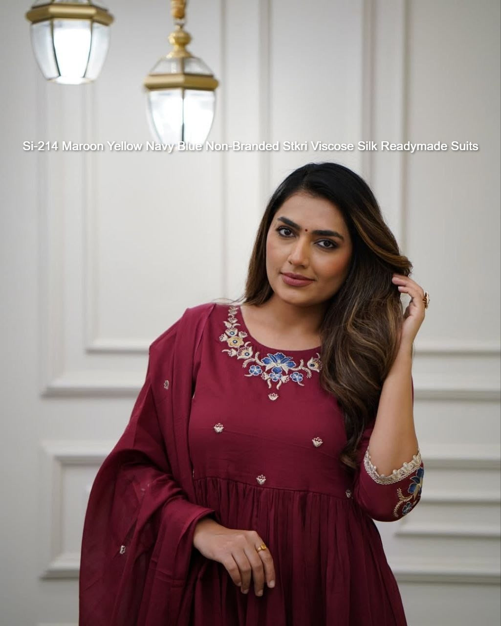Si-214 Maroon Yellow Navy Blue Non-Branded Stkri Viscose Silk Readymade Suits