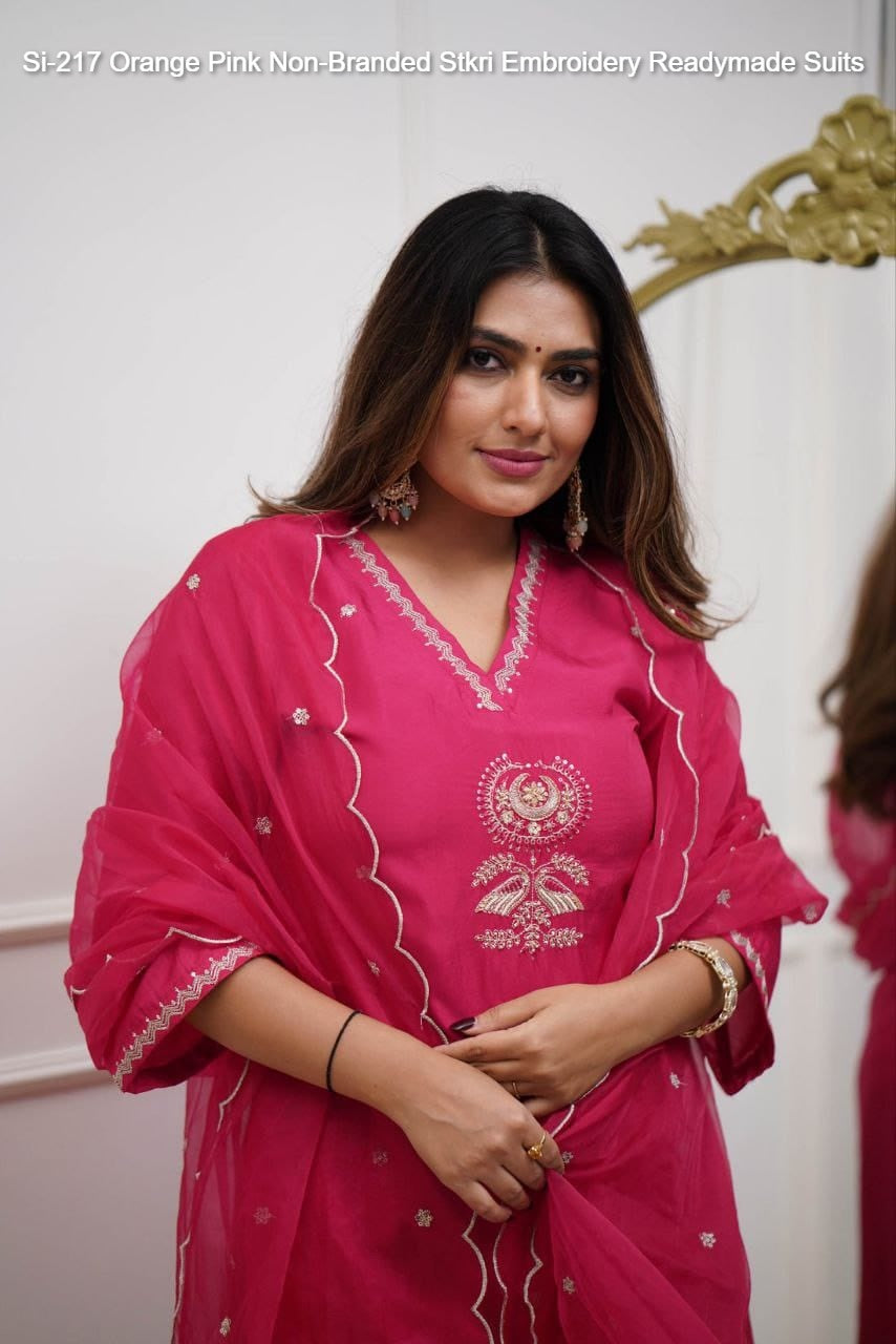 Si-217 Orange Pink Non-Branded Stkri Embroidery Readymade Suits
