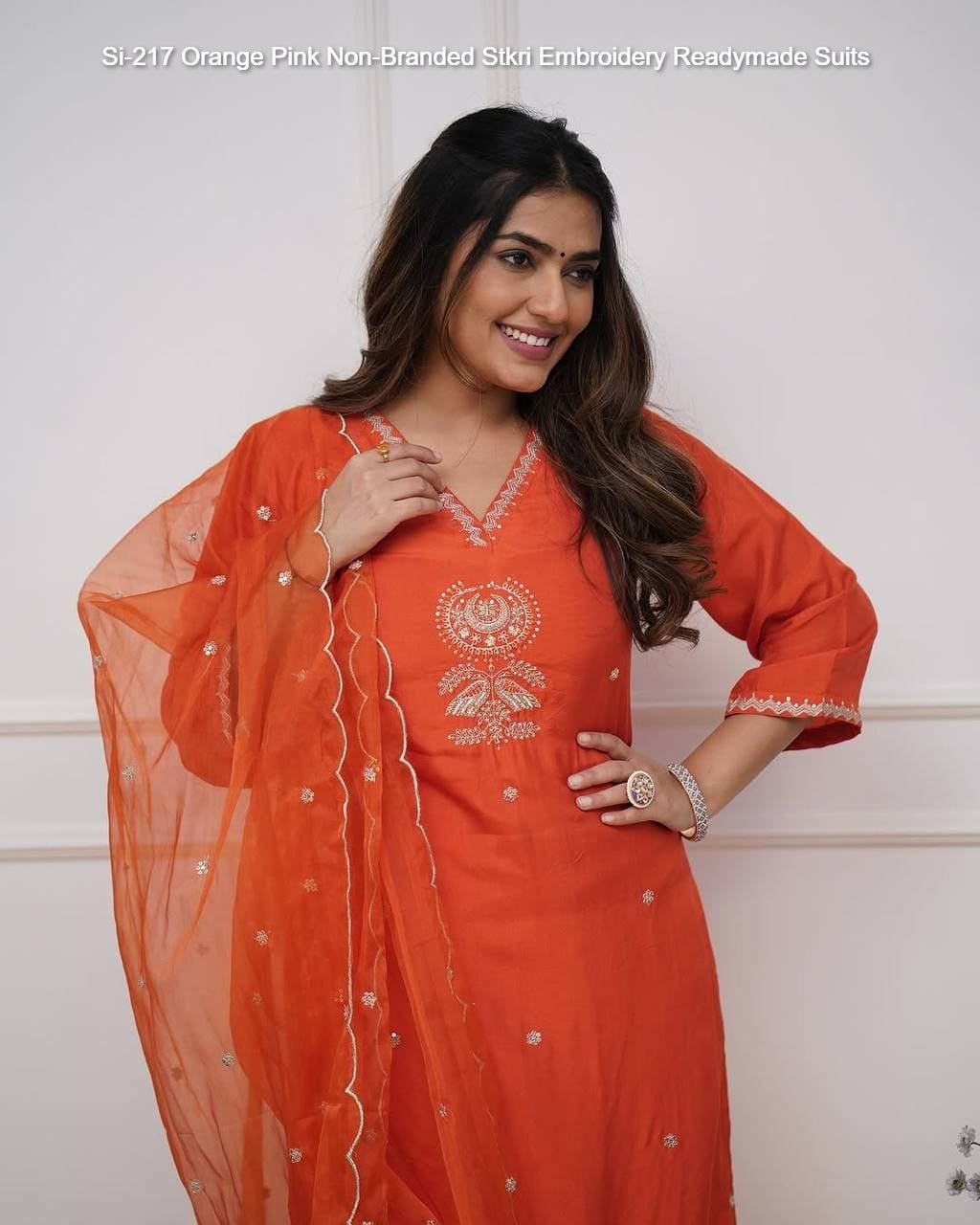Si-217 Orange Pink Non-Branded Stkri Embroidery Readymade Suits