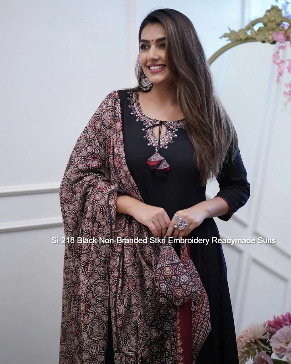 Si-218 Black Non-Branded Stkri Embroidery Readymade Suits