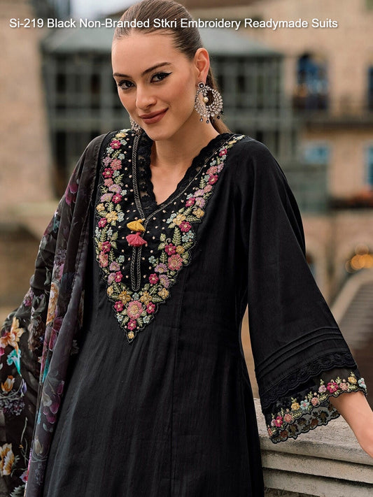 Si-219 Black Non-Branded Stkri Embroidery Readymade Suits