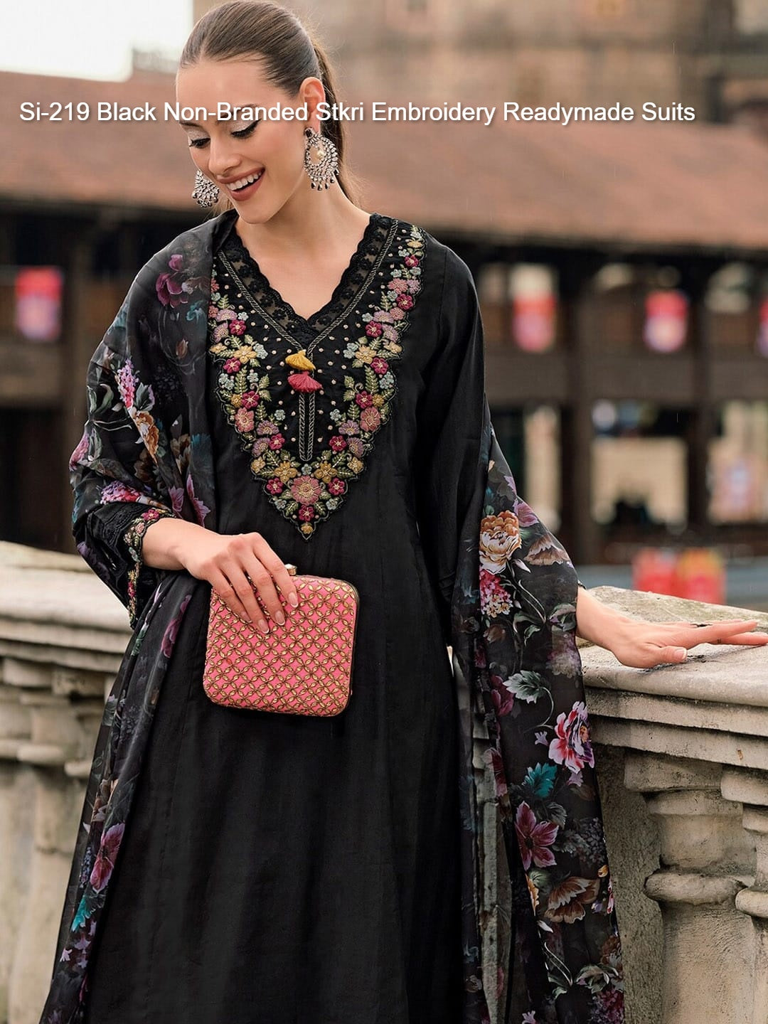 Si-219 Black Non-Branded Stkri Embroidery Readymade Suits