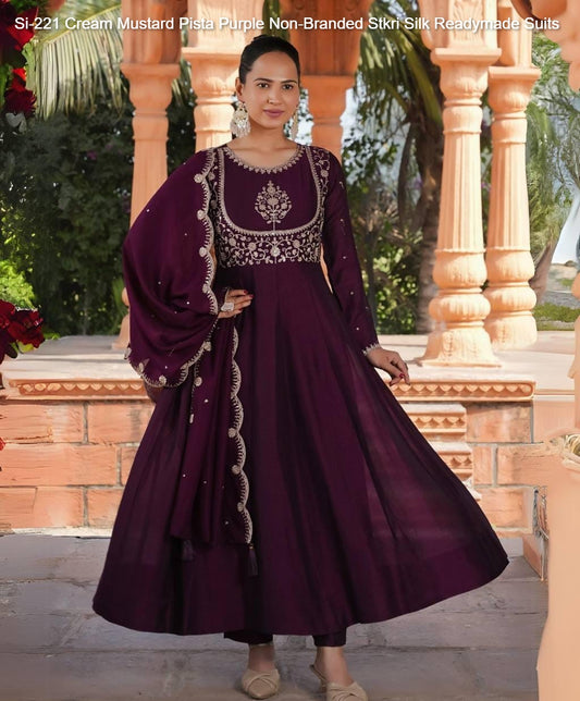 Si-221 Cream Mustard Pista Purple Non-Branded Stkri Silk Readymade Suits