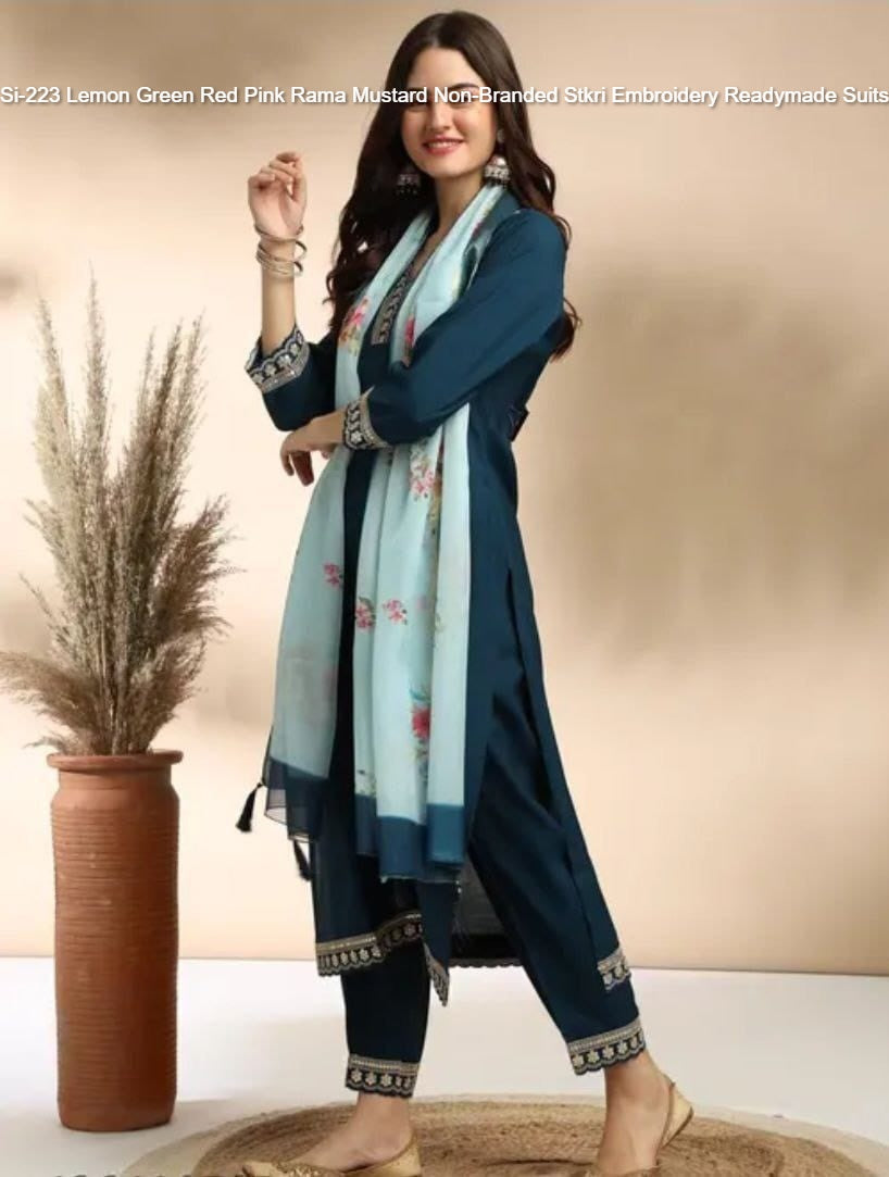 Si-223 Lemon Green Red Pink Rama Mustard Non-Branded Stkri Embroidery Readymade Suits