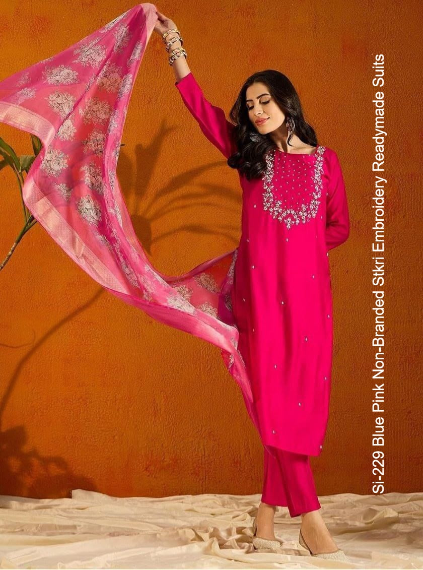 Si-229 Blue Pink Non-Branded Stkri Embroidery Readymade Suits