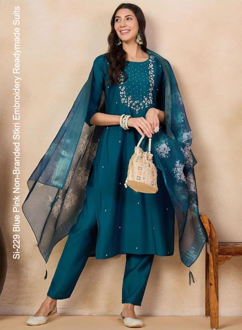Si-229 Blue Pink Non-Branded Stkri Embroidery Readymade Suits